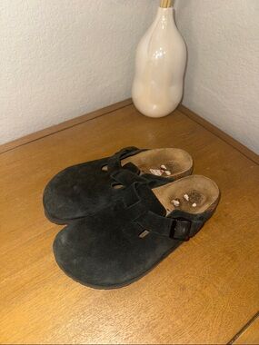 Birkenstock Black Suede Clog with Buckle Detail
